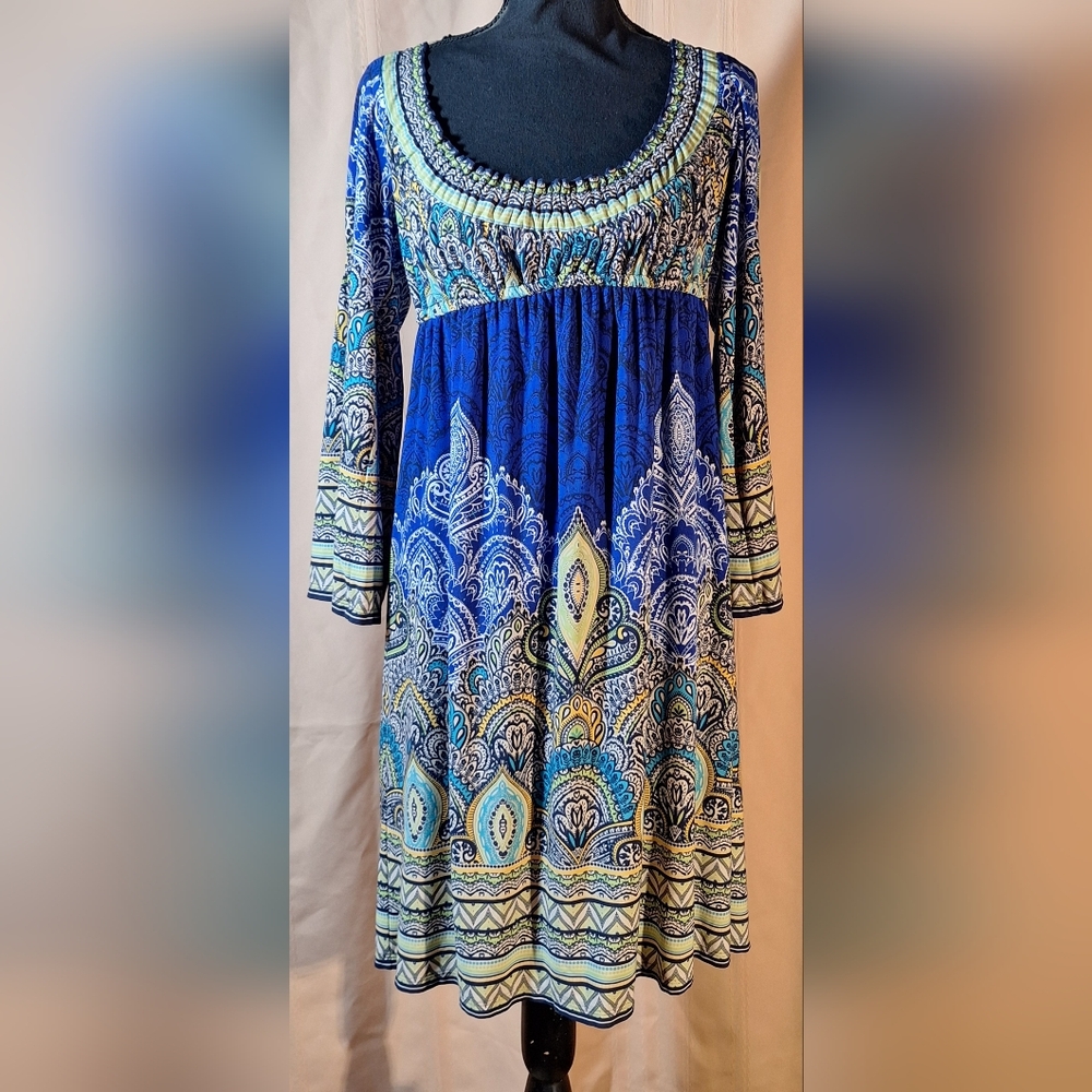MUSE for BOSTON PROPER Blue and Yellow Patterned Bohemian Style Dress